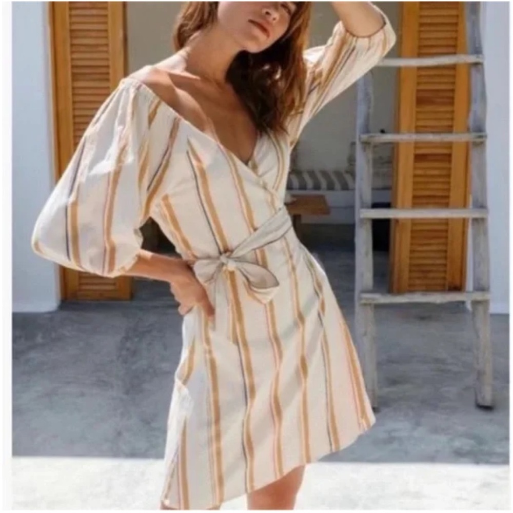 Billabong Best Dressed Wrap Dress Women’s SZ Small in Flax Stripe Beach Boho NEW